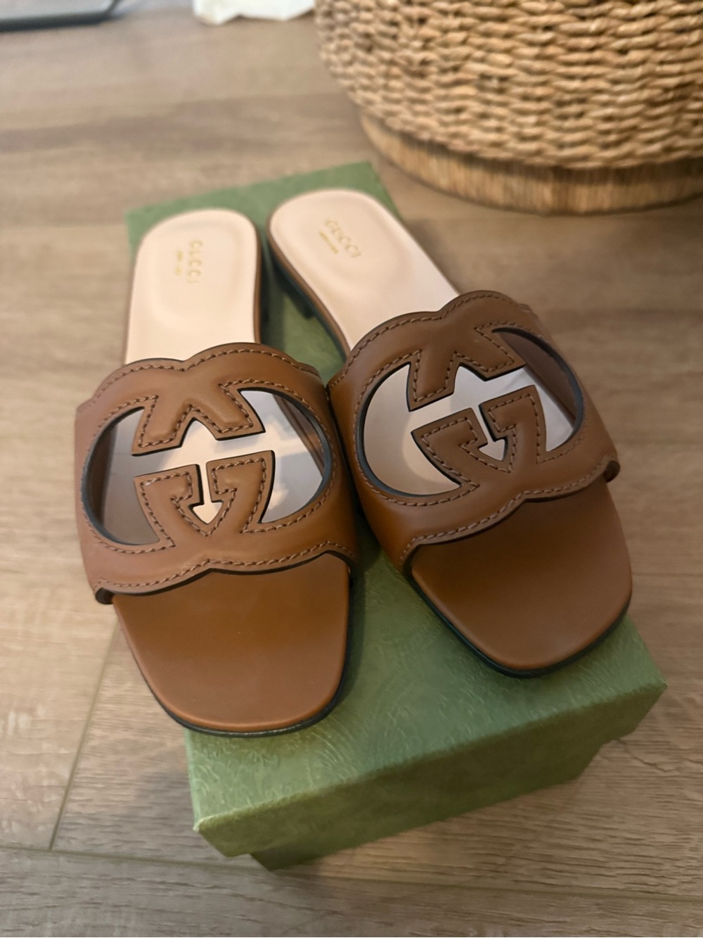 Gucci Brown Leather GG Logo Slide Sandals